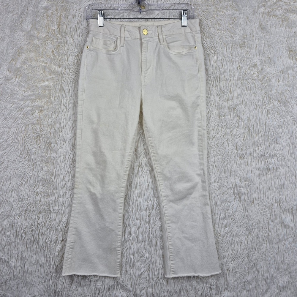 Frame Le Crop Mini Boot Jeans Blanc White Frayed Hem Size 28 Coastal Cowgirl